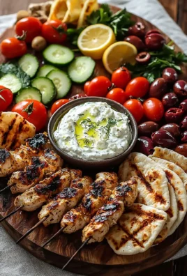 Greek chicken souvlaki grazing board with feta dip served on a wooden platter