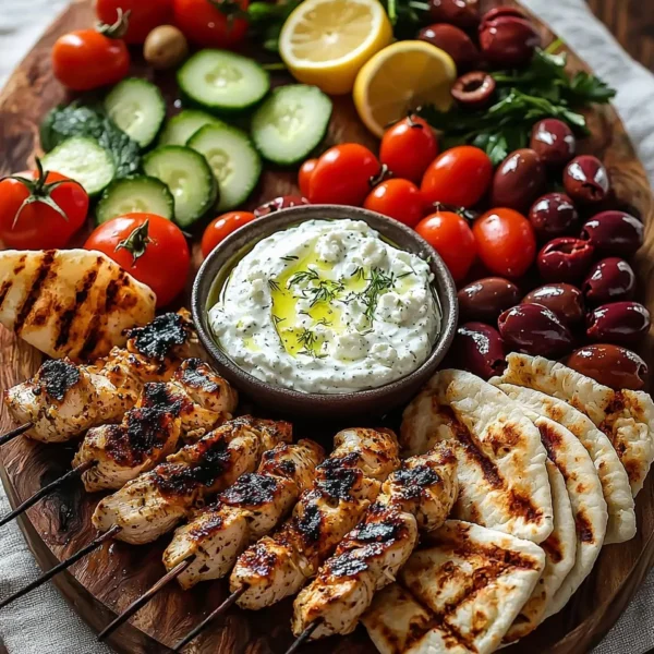 Greek chicken souvlaki grazing board with feta dip served on a wooden platter