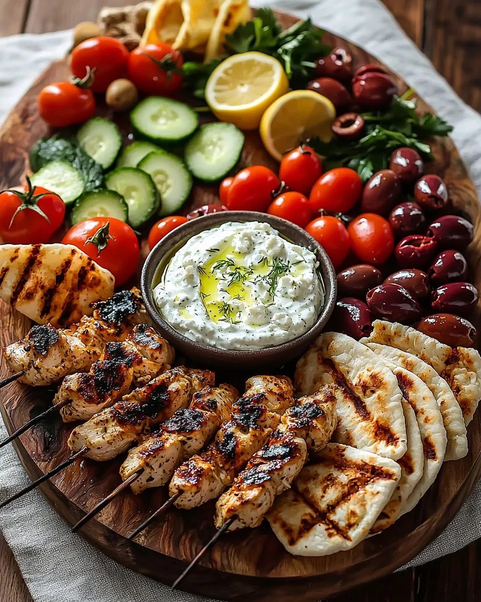 Greek Chicken Souvlaki Grazing Board with Feta Dip – A Mediterranean Feast to Share