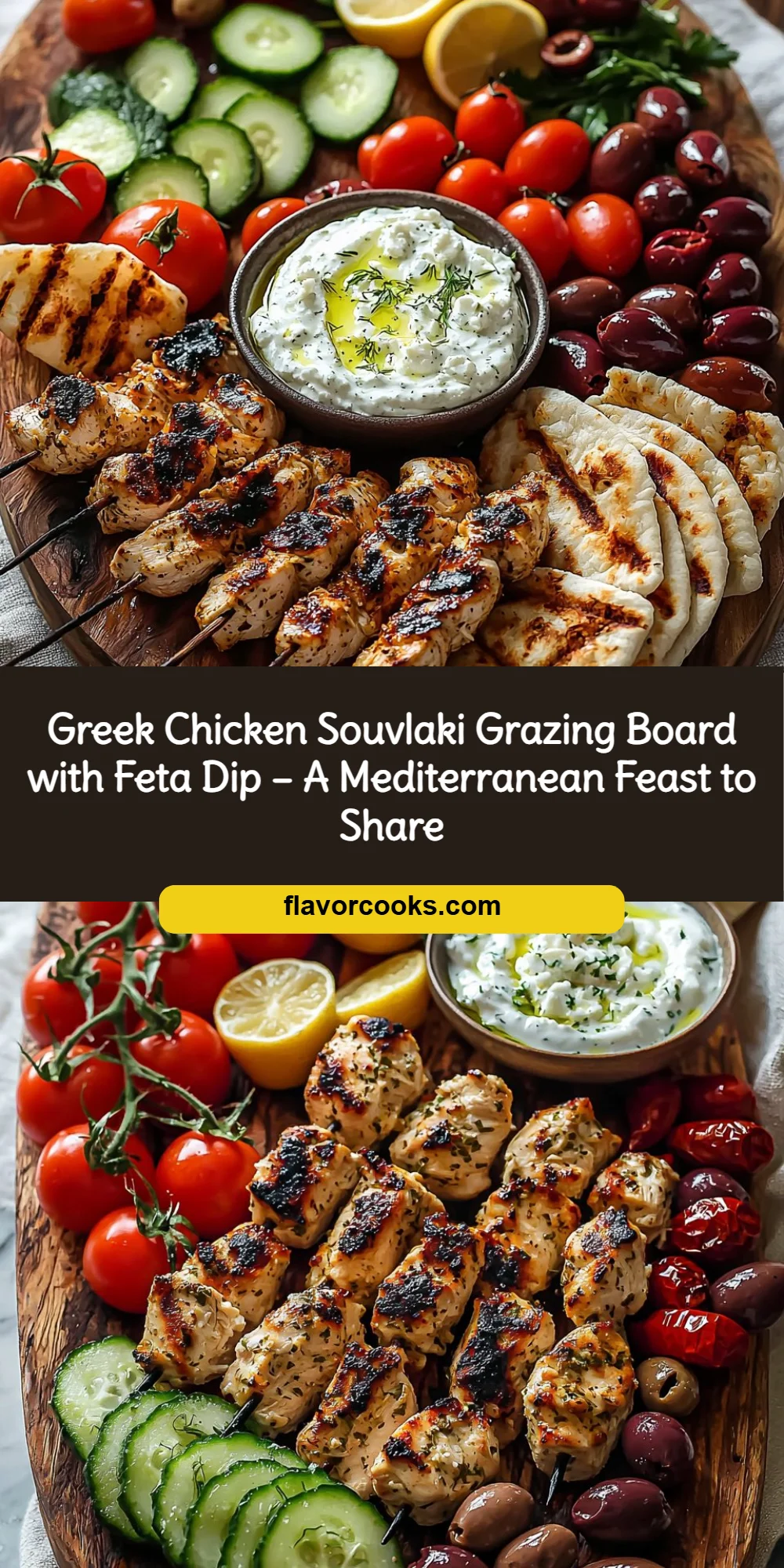 Greek Chicken Souvlaki Grazing Board with Feta Dip – A Mediterranean Feast to Share