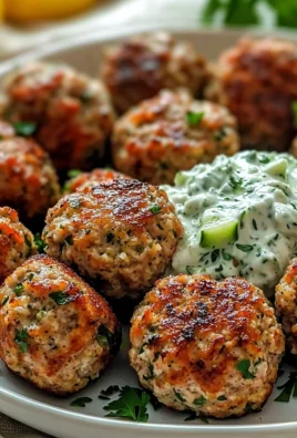 Plate of Greek turkey meatballs with tzatziki sauce and fresh herbs