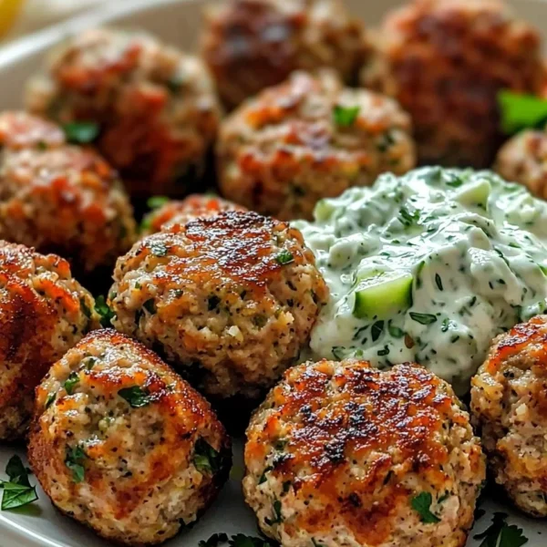 Plate of Greek turkey meatballs with tzatziki sauce and fresh herbs