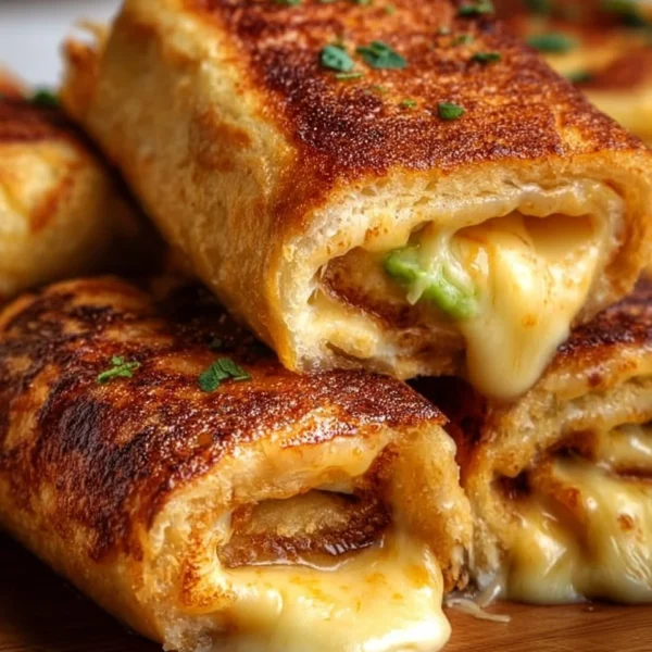 Golden-brown grilled cheese roll ups stacked on a plate