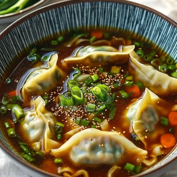 A bowl of Gyoza Soup with dumplings and green onions on top, served in a rustic bowl.