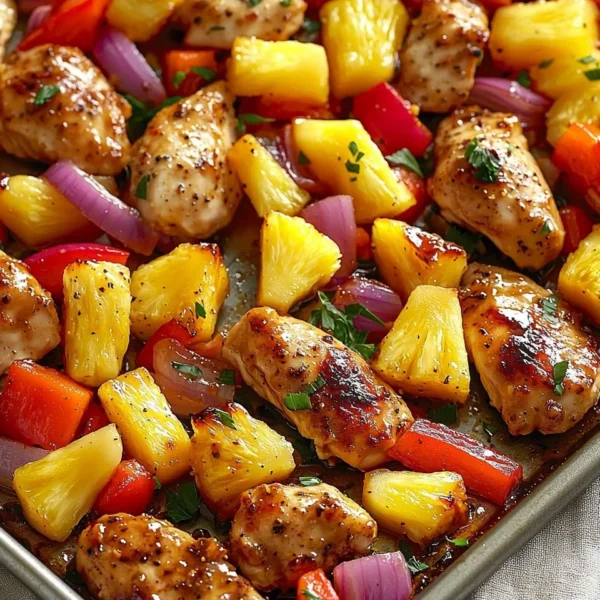 Delicious Hawaiian Chicken Sheet Pan with vibrant vegetables and tropical toppings