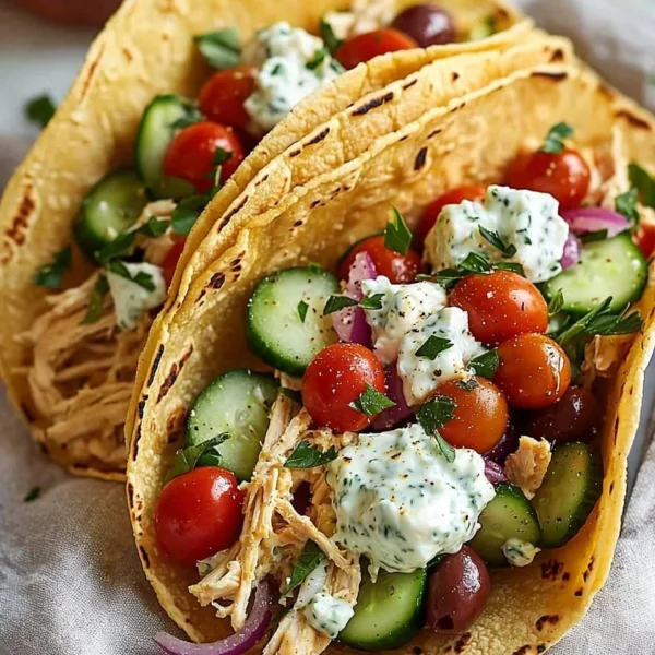 Healthy Mediterranean Chicken Tacos with fresh vegetables and toppings