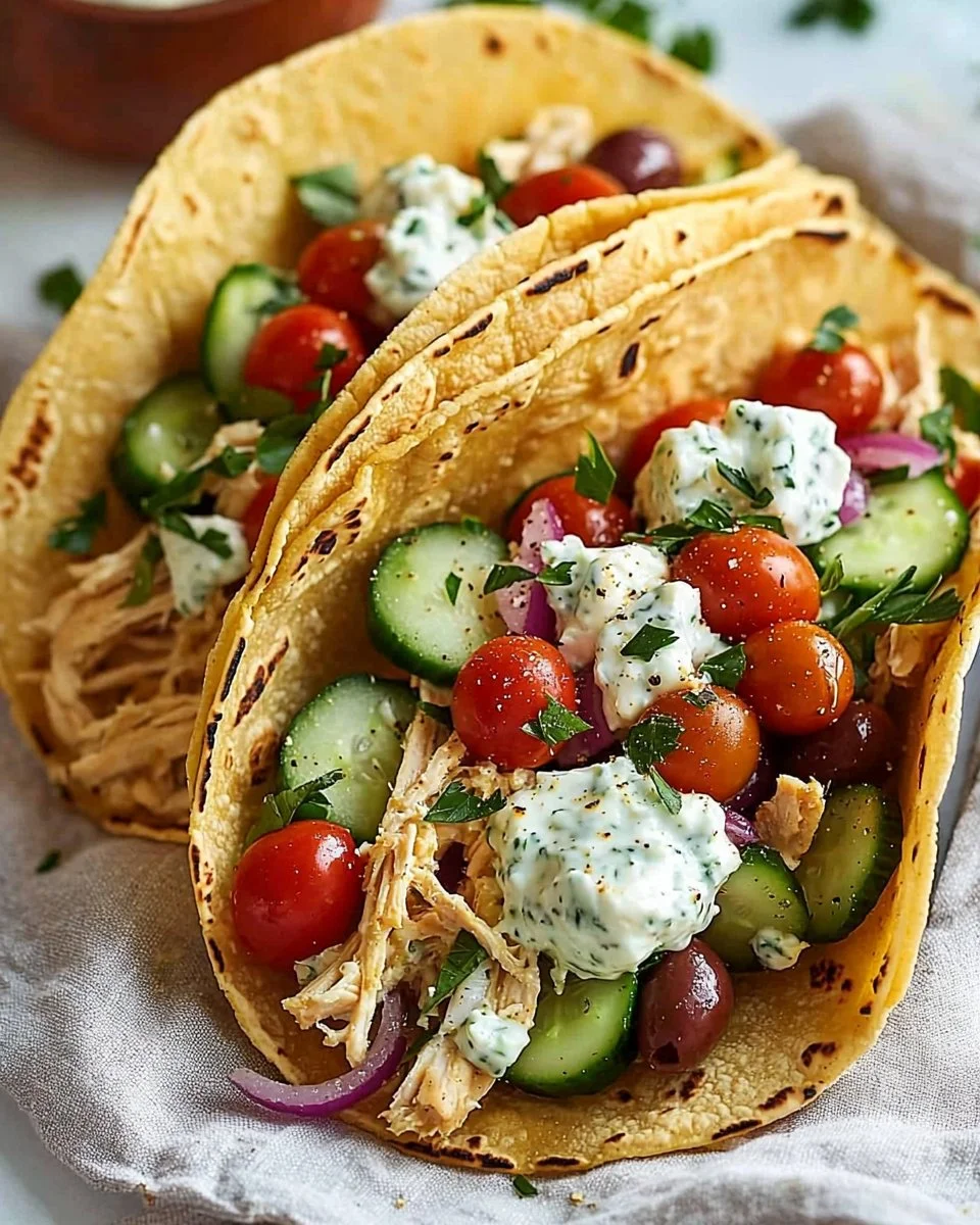 Healthy Mediterranean Chicken Tacos with fresh vegetables and toppings