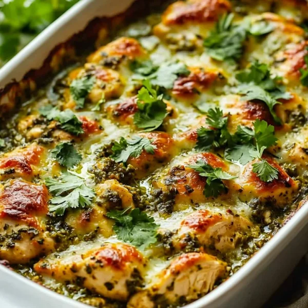 Healthy Salsa Verde Chicken Casserole topped with cilantro and avocado slices