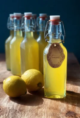 Bottle of homemade limoncello with fresh lemons and a glass on a table