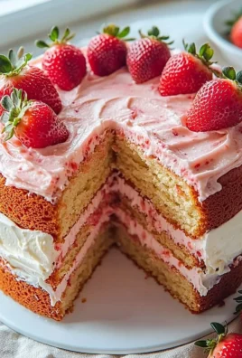 Delicious homemade strawberry cake topped with fresh strawberries and frosting.