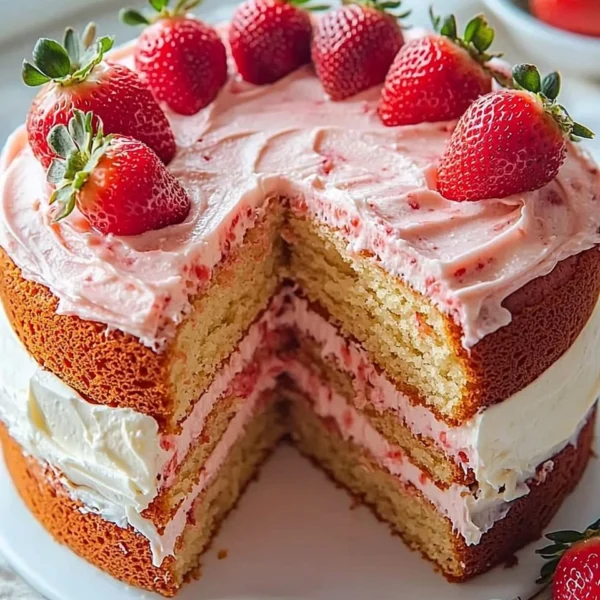 Delicious homemade strawberry cake topped with fresh strawberries and frosting.
