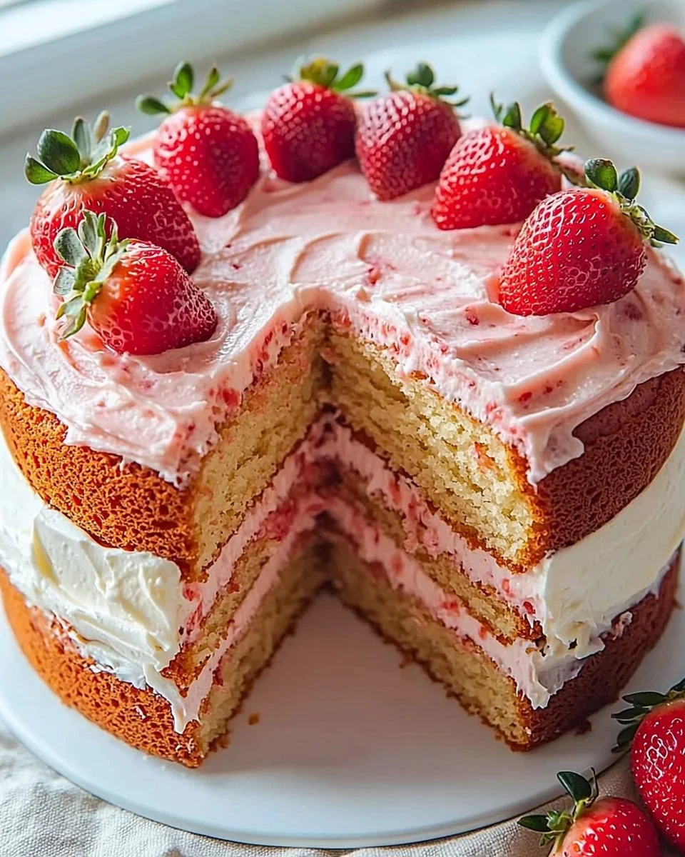 Delicious homemade strawberry cake topped with fresh strawberries and frosting.