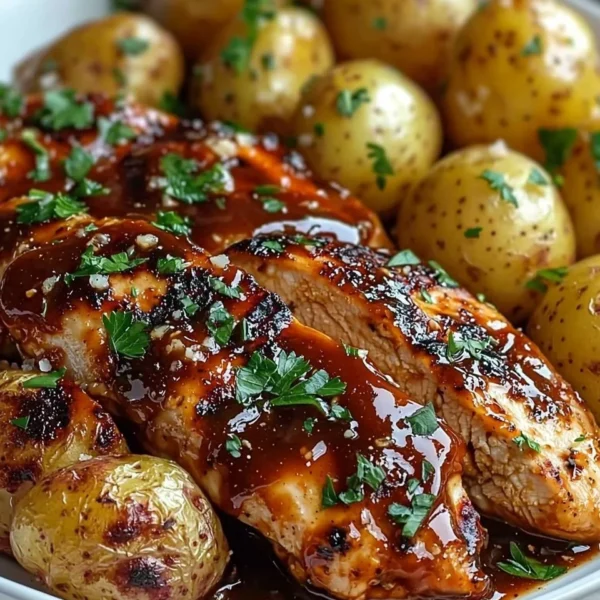Honey BBQ Chicken served with Garlic Parmesan Potatoes on a plate