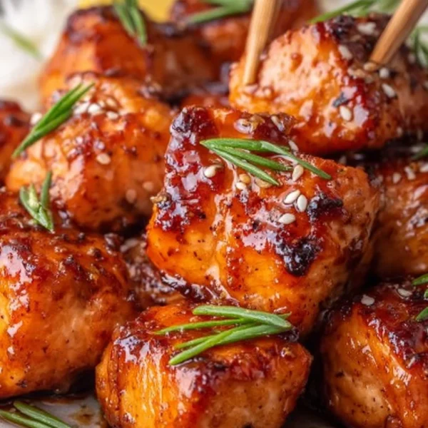 Delicious honey garlic salmon bites garnished with green onions