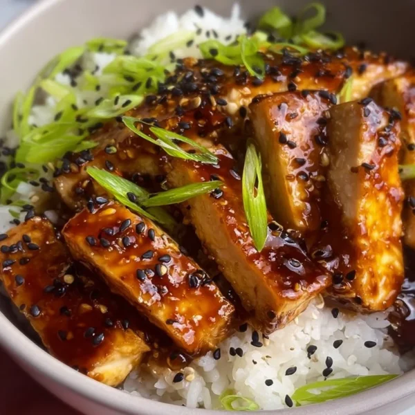 Delicious Honey Garlic Tofu served with vegetables and rice