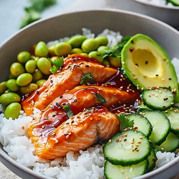 Delicious Honey Sriracha Salmon bowls with fresh vegetables and rice