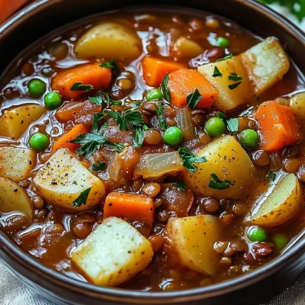 A bowl of hearty Irish vegetarian stew with colorful vegetables and herbs.