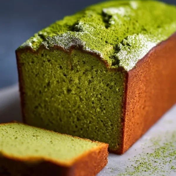 Sliced Japanese matcha pound cake on a plate with a cup of tea