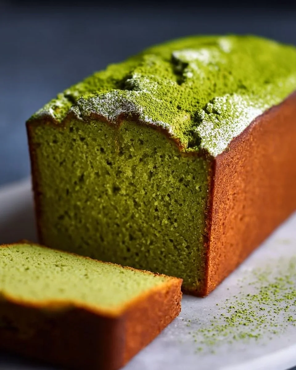 Sliced Japanese matcha pound cake on a plate with a cup of tea