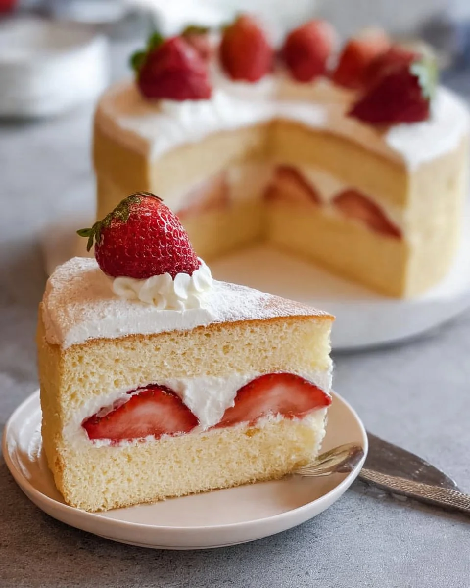 Japanese Strawberry Shortcake featuring fluffy sponge cake and fresh strawberries