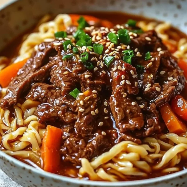 A bowl of Korean beef noodles topped with fresh herbs and vegetables