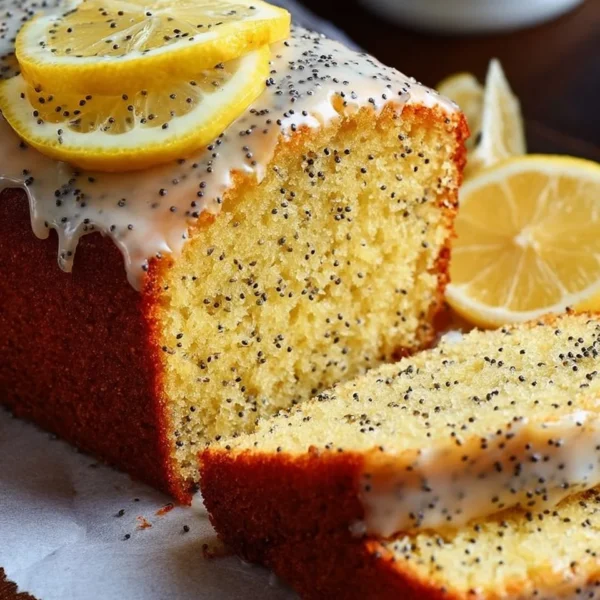 Deliciously moist Lemon Poppy Seed Cake topped with lemon glaze.