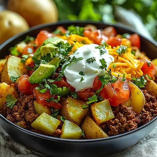 Loaded Potato Taco Bowl topped with fresh ingredients and spices