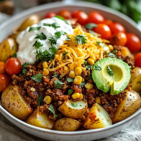Loaded Potato Taco Bowl topped with fresh ingredients and spices.