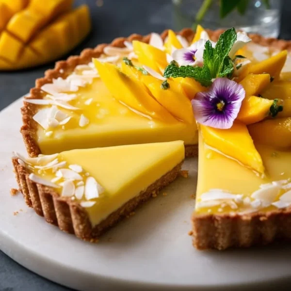 Deliciously creamy mango curd tart topped with ripe mango slices