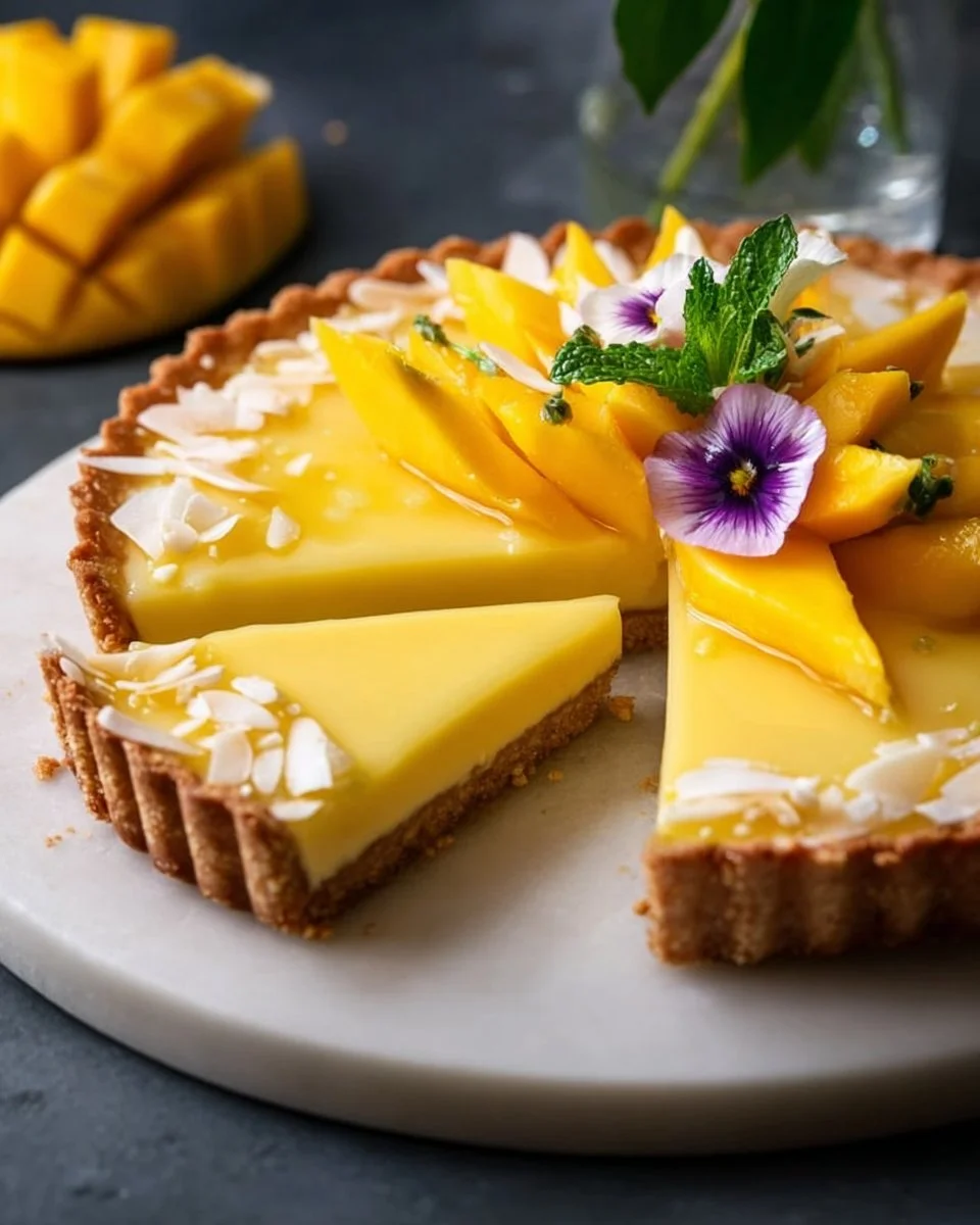 Deliciously creamy mango curd tart topped with ripe mango slices