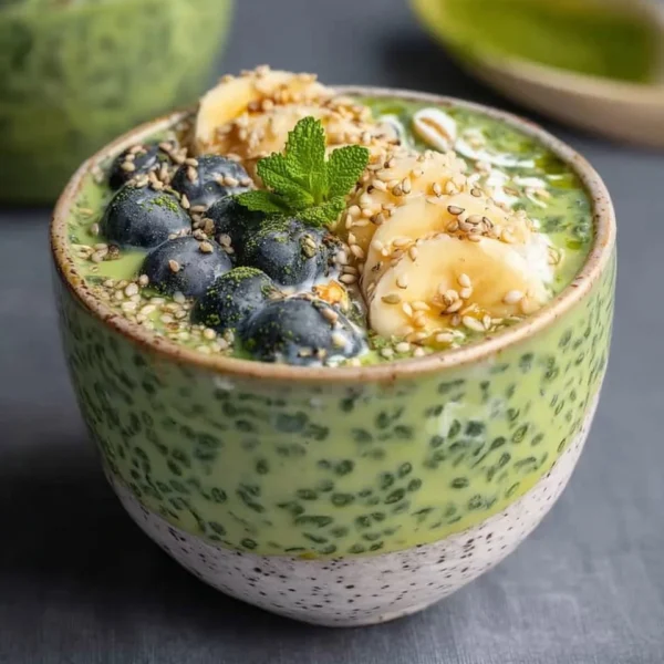 Bowl of matcha overnight oats topped with fruits and nuts