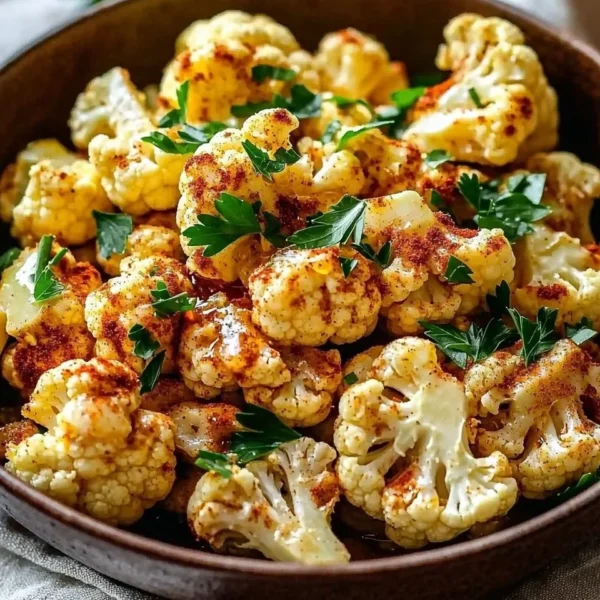 Dish of Moroccan Cauliflower drizzled with tahini and honey sauce, garnished beautifully.