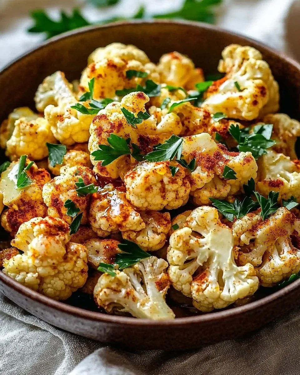Dish of Moroccan Cauliflower drizzled with tahini and honey sauce, garnished beautifully.