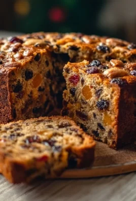 Slice of old-fashioned never fail fruit cake on a wooden table