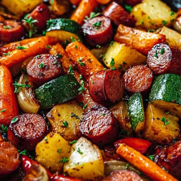 One-Pan Honey Garlic Kielbasa and Veggies ready to serve