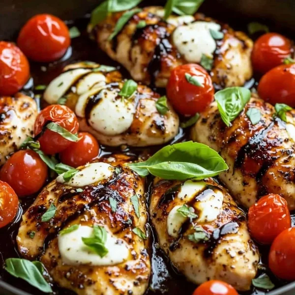 Juicy chicken in balsamic sauce, prepared in a one-pan dish.