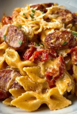 Creamy one pot Cajun sausage pasta garnished with herbs and spices