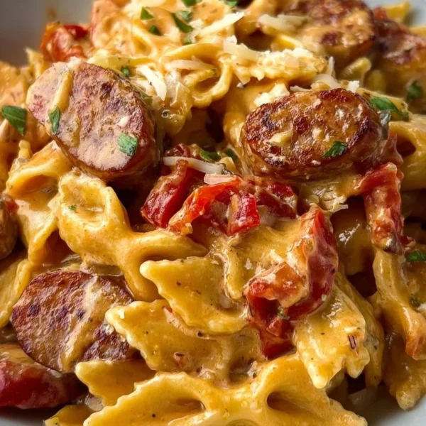 Creamy one pot Cajun sausage pasta garnished with herbs and spices