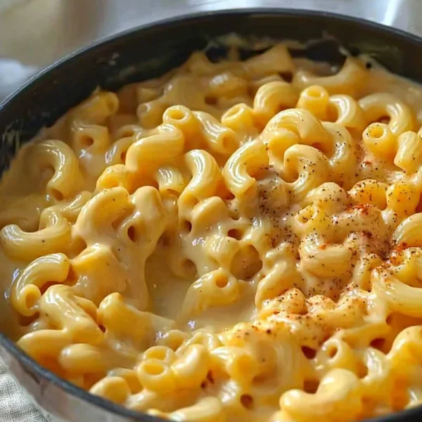 One pot creamy mac and cheese ready to serve on a stovetop