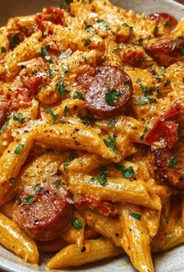 Creamy spicy Cajun sausage pasta served in a bowl, garnished with parsley.
