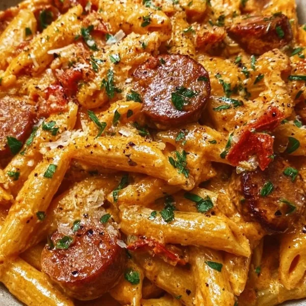 Creamy spicy Cajun sausage pasta served in a bowl, garnished with parsley.