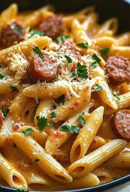 One-pot creamy spicy Cajun sausage pasta dish garnished with herbs