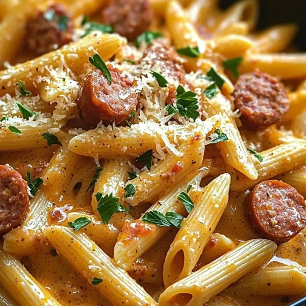 One-pot creamy spicy Cajun sausage pasta dish garnished with herbs
