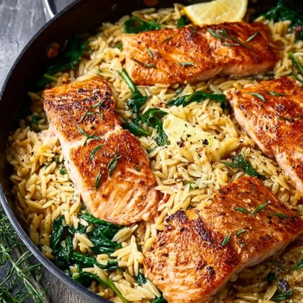 One skillet salmon served with lemon orzo on a plate