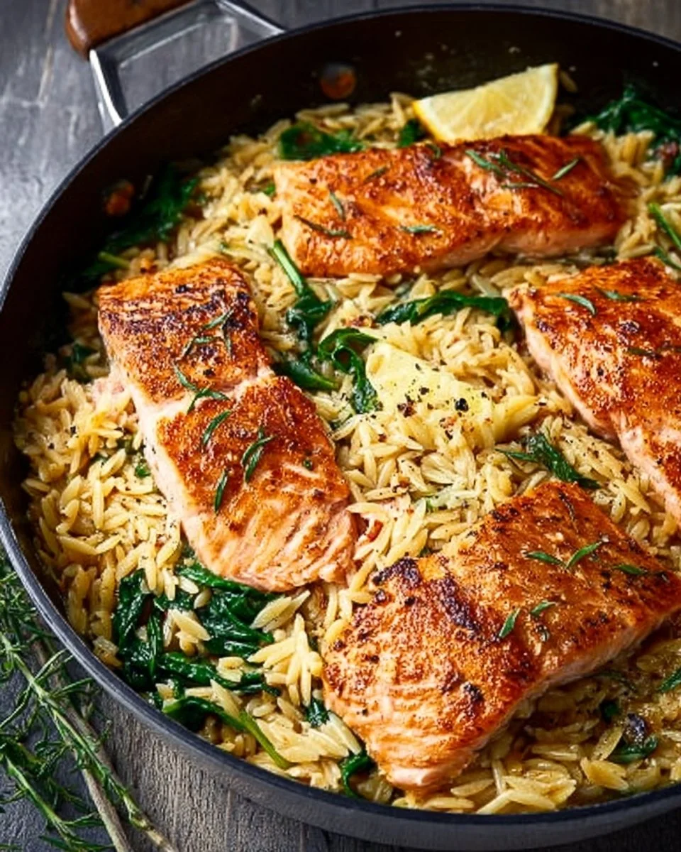 One skillet salmon served with lemon orzo on a plate