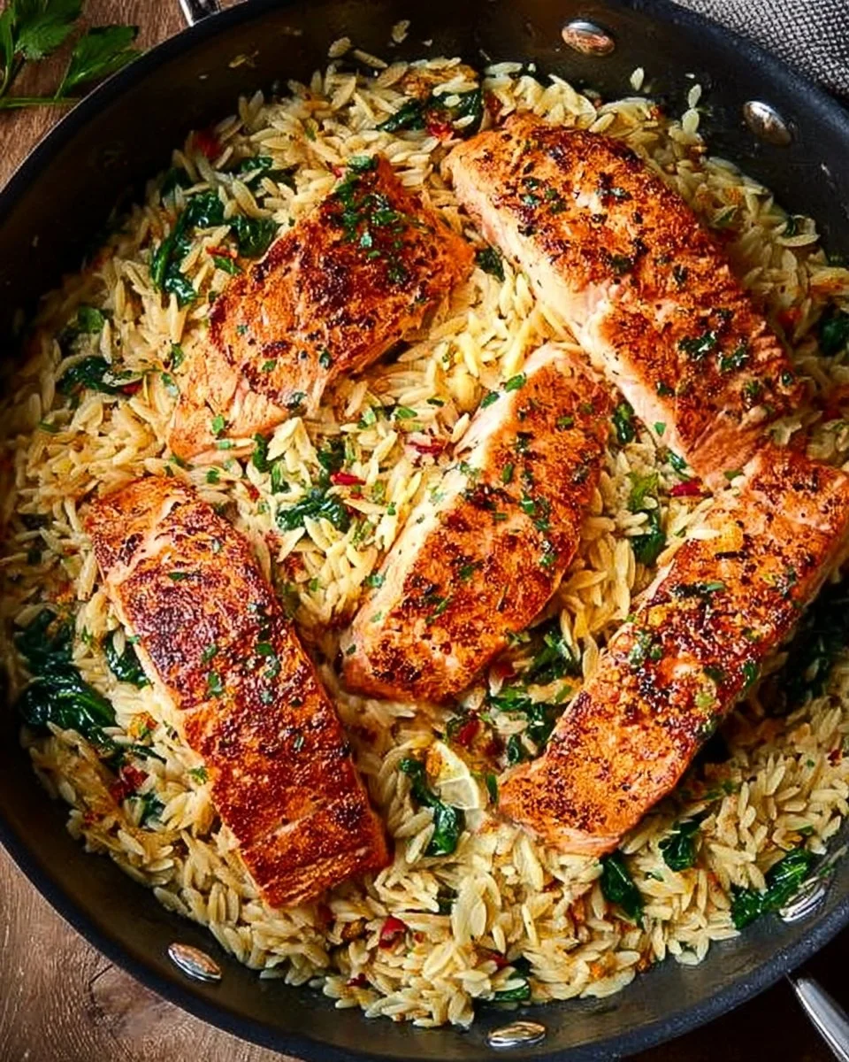 One Skillet Salmon with Lemon Orzo