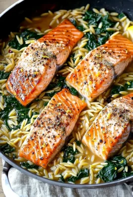 One skillet salmon dish served with lemon orzo on a plate