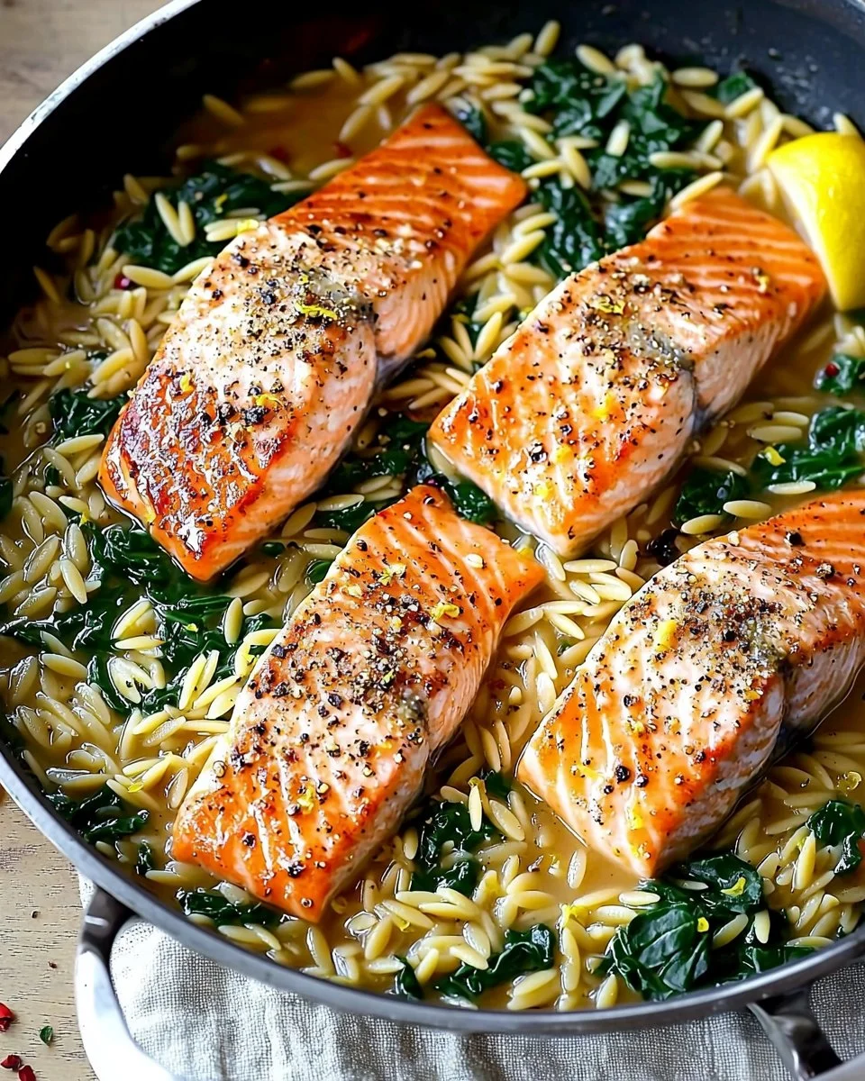 One Skillet Salmon with Lemon Orzo