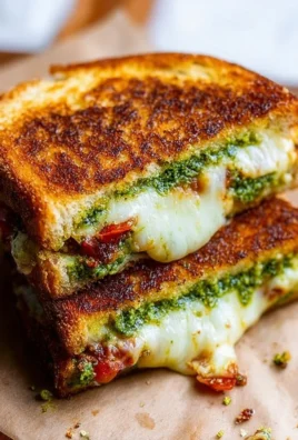Melted Pesto Grilled Cheese sandwich with fresh basil and gooey cheese