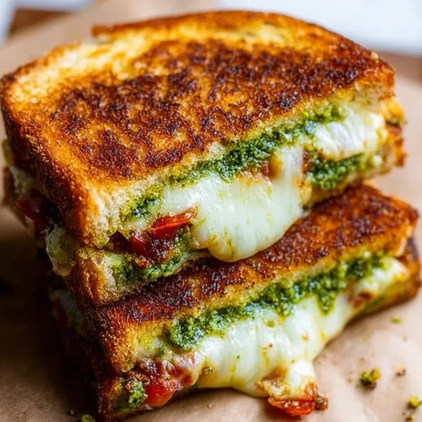 Melted Pesto Grilled Cheese sandwich with fresh basil and gooey cheese